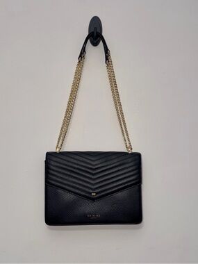 Ted Baker Black Quilted Chevron Leather Crossbody with Gold Chain